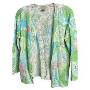 Sigrid Olsen Sport Women's Cardigan Sweater Green Blue Floral Button Down Sz M‎